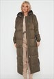 KHAKI LONGLINE WITH HOOD MAXI PUFFER COAT