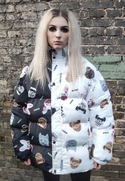 Monster print bomber rabbit cartoon puffer jacket in black