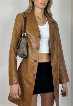 Vintage Y2k Leather Trench Coat Tan Brown Preppy Minimalist