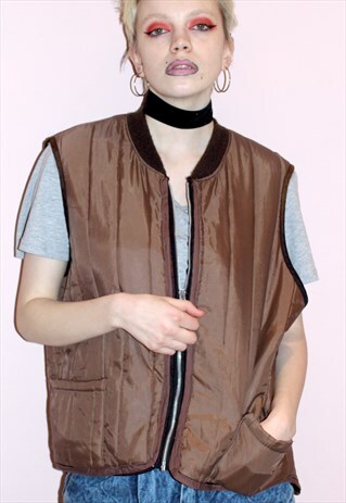 70'S VINTAGE PADDED BODY WARMER BROWN GILET WAISTCOAT