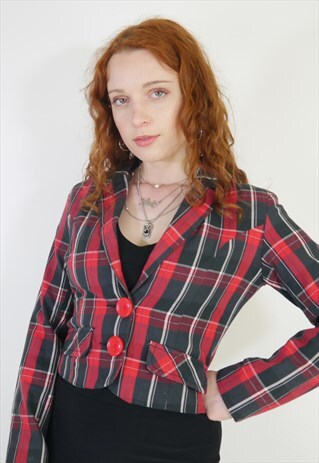 VINTAGE 90S Y2K RED PLAID TARTAN CROPPED JACKET
