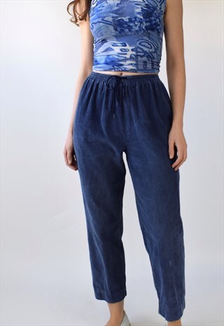 VINTAGE 80S BLUE CORDUROY HIGH WAISTED DRAWSTRING TROUSERS