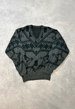 Vintage Abstract Knitted Jumper Patterned Grandad Sweater