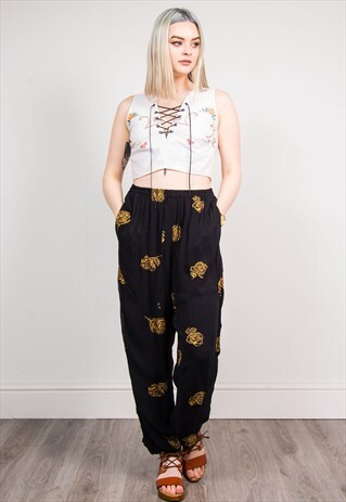 VINTAGE BLACK ROSE PATTERN WIDE LEG SUMMER TROUSERS