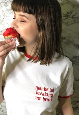 THANKS FOR BREAKING MY HEART EMBROIDERED LOGO RINGER T SHIRT