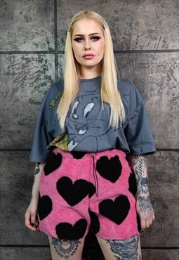 Heart fleece shorts Hand made love emoji overalls in pink