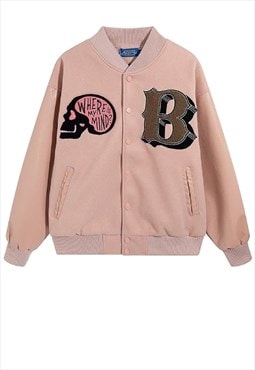 Gothic varsity jacket skeleton college bomber in pastel pink