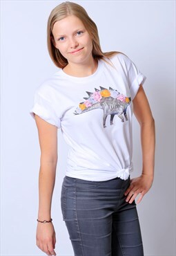 Dinosaur Stegosaurus Roses White T-Shirt