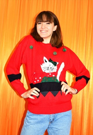 VINTAGE 80S CHRISTMAS JUMPER RED WHITE CAT STRIPED POM POM