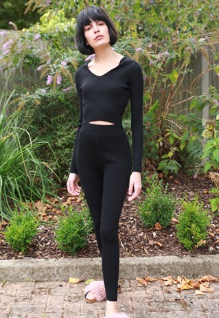 RIBBED KNIT HOODIE CROP TOP LEGGINGS TRACKSUITS IN BLACK