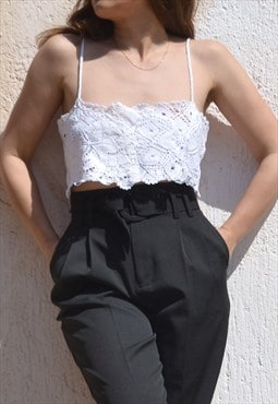 Sugar white handmade crochet/applique hollow lace crop top