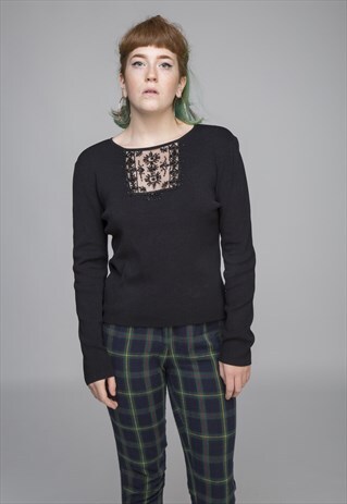 BEADED MESH BLACK LONG SLEEVE TOP