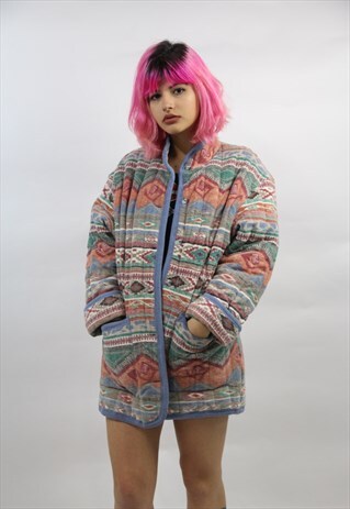 VINTAGE 90'S ABSTRACT PATTERNED FLEECE JACKET