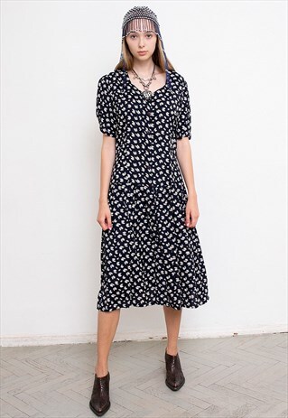 VINTAGE BUTTON UP DRESS FLORAL PATTERN DARK BLUE BEIGE 90S
