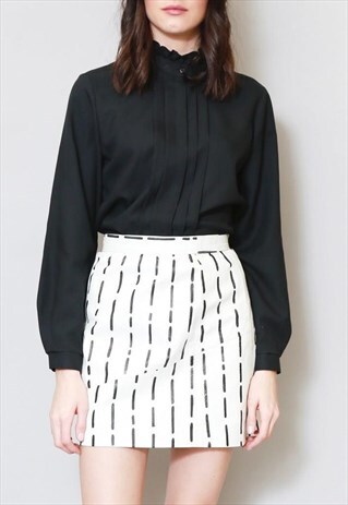 VINTAGE 1970'S PLEATED BLACK RUFFLE BLOUSE