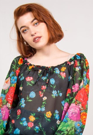 VINTAGE 70'S BLACK SHEER FLORAL TOP