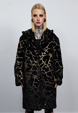 Going out coat fuzzy golden foil trench jacket fleece black