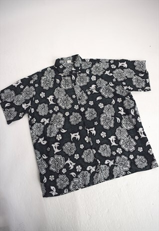 VINTAGE 90S TEAL GREY HAWAIIAN PRINT SHIRT