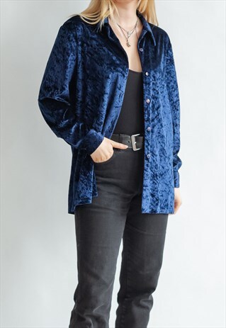 VINTAGE 90S GRUNGE MAXI SHIRT IN BLUE VELVET