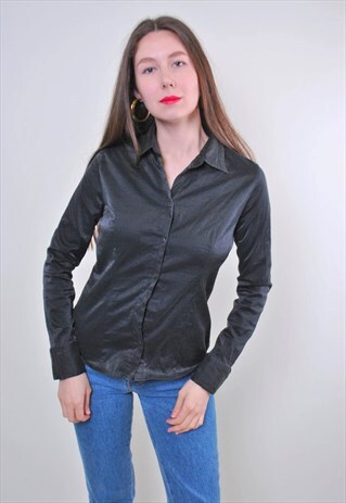WOMEN VINTAGE MINIMALIST BLACK BLOUSE FOR WORK