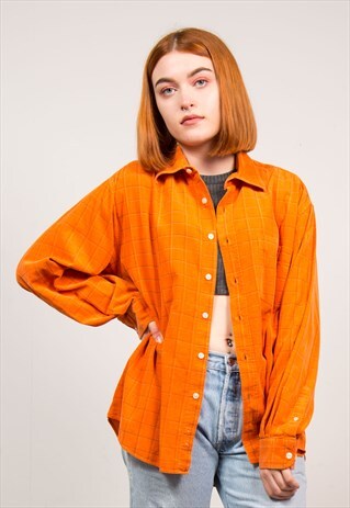 VINTAGE 90'S ORANGE CHECK OVERSIZE CORD SHIRT