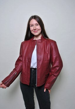 90's biker jacket, vintage red leather jacket - MEDIUM