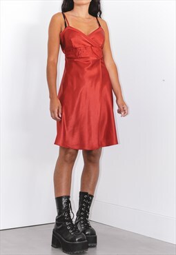 Vintage 90s Satin Red Slip Midi Dress