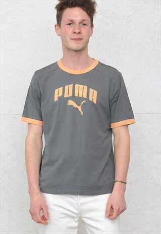 90S VINTAGE GREY ORANGE PUMA CREW NECK LOGO T-SHIRT