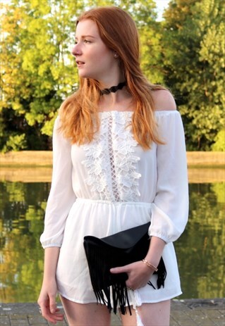 OFF-THE-SHOULDER CROCHET ROMPER