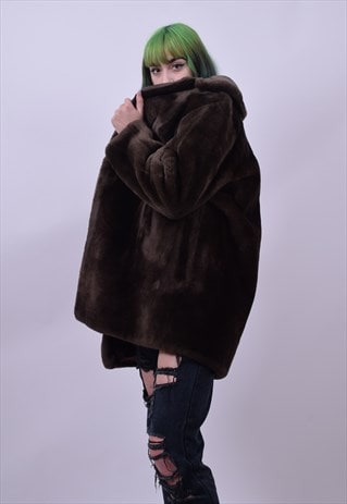VINTAGE 70'S SOFT BROWN FAUX FUR COAT SIZE MEDIUM