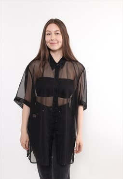 90s black transparent blouse, vintage short sleeve sheer top