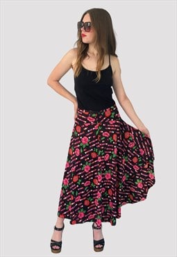 70's Vintage Louisa Spagnoli Black Floral Midi Skirt
