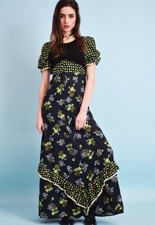 LOVELY 70'S RETRO BOHO ROMANCE MAXI FLORAL FLARE DRESS