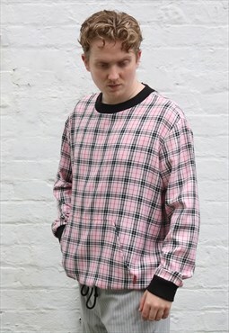 Pink Check Woven Crew Neck 