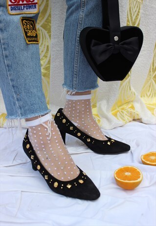 VINTAGE 80S BLACK SUEDE GOLD STUDDED MID HEELS