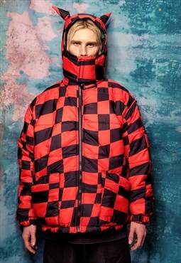 Check bomber jacket handmade reversible chess puffer in red