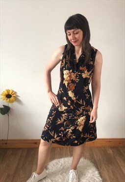 Vintage 90s Navy Floral Midi Dress