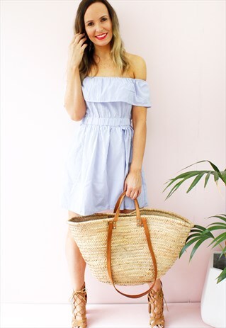 STRIPED BARDOT FRILL RUFFLE BACKLESS SKATER SWING DRESS