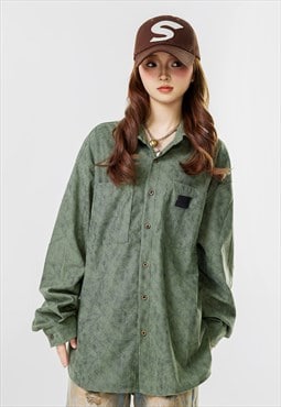 Corduroy texture shirt velvet feel blouse retro top in green