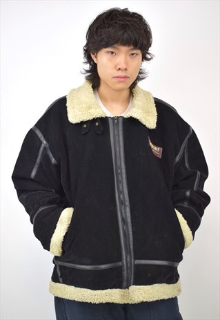 VINTAGE 90S BLACK CREAM SHEARLING COAT