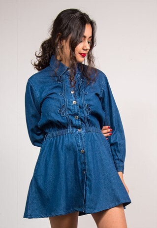 90'S VINTAGE COLLARED BLUE DENIM MINI DRESS