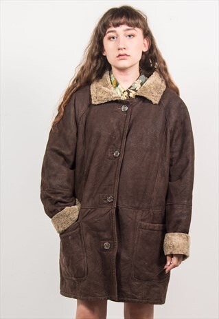 VINTAGE 90'S BROWN SUEDE SHEEPSKIN COAT SHEARLING JACKET
