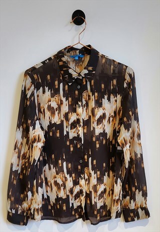90S VINTAGE ABSTRACT SHEER MESH LONG SLEEVE BOHO SHIRT 10-12