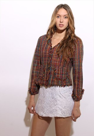 VINTAGE 1980'S 80'S CHIC RAINBOW SILK TWEED SUIT JACKET S-M