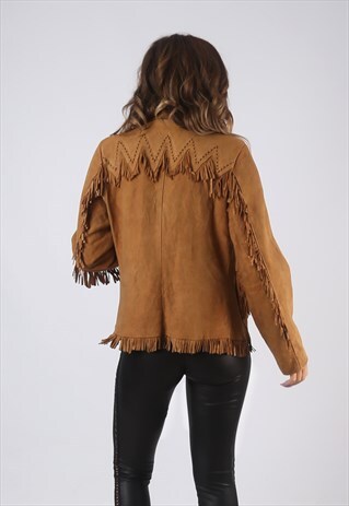 SUEDE LEATHER TASSEL FRINGE JACKET VINTAGE 70'S UK 10 (CW2A)