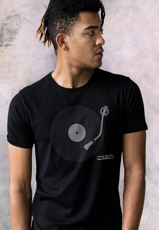 TURNTABLE T SHIRT LP VINYL RECORD DECKS PRINT BLACK TEE M