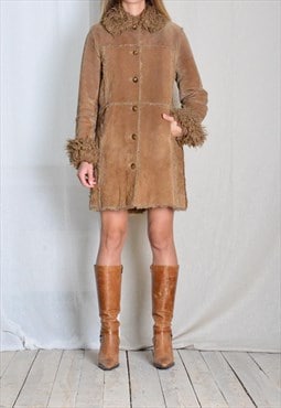 Vintage 90s Beige Brown Penny Lane Winter Leather Coat