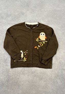 Vintage Sweatshirt Embroidered Owl Patterned Cardigan