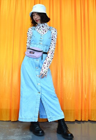 VINTAGE 90S DUNGAREE MIDI DRESS LIGHT BLUE DENIM PINAFORE