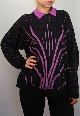 VINTAGE WOOL BLEND KNIT JUMPER PINK COLLAR GRAPHIC PATTERN